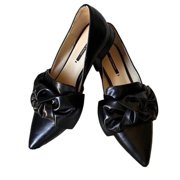 Zara Shoes - Zara Basic Black Leather Bow Pointed Toe Flat Loafers Women’s Size EU 36 US 6